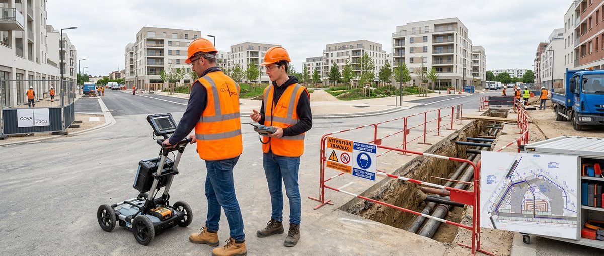 Techniciens équipés de détecteurs de réseaux enterrés sur un chantier urbain avant travaux